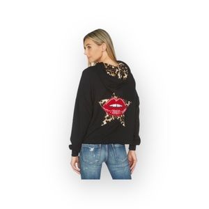new Lauren Moshi 𖤐 Leopard Star Lip Patch Pullover Hoodie 𖤐 Black 𖤐 XXS XS S